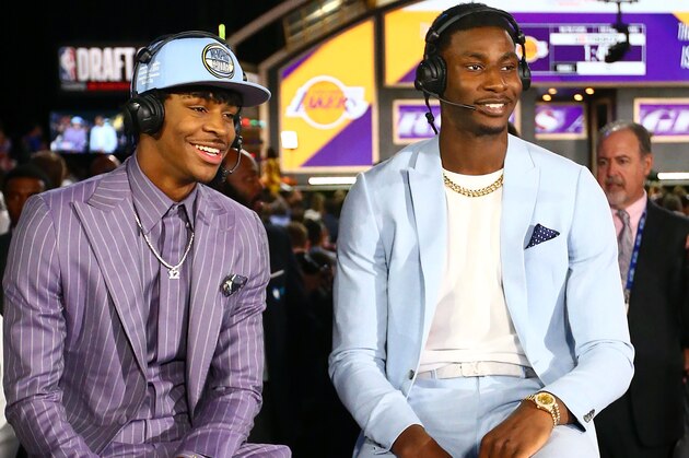 BROOKLYN, NY - JUNE 20: Ja Morant and Jaren Jackson Jr. #13 of the Memphis Grizzlies speak to the media during the 2019 NBA Draft on June 20, 2019 at the Barclays Center in Brooklyn, New York. NOTE TO USER: User expressly acknowledges and agrees that, by downloading and/or using this photograph, user is consenting to the terms and conditions of the Getty Images License Agreement. Mandatory Copyright Notice: Copyright 2019 NBAE (Photo by Elizabeth Shrier/NBAE via Getty Images)