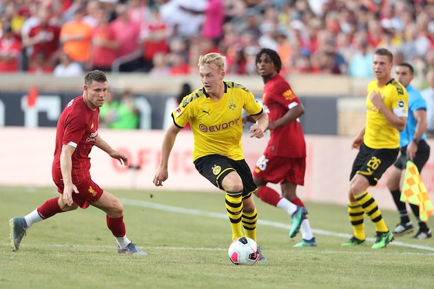 SOUTH BEND, IN - JULY 19: Julian Brandt of Borussia Dortmund turns away from James Milner of Liverpool during the pre-season friendly match between Borussia Dortmund and Liverpool FC at Notre Dame Stadium on July 19, 2019 in South Bend, Indiana. (Photo by Matthew Ashton - AMA/Getty Images)