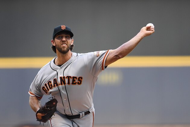 MILWAUKEE, WISCONSIN - JULY 13:  Madison Bumgarner #40 of the San Francisco Giants pitches a pitch during the first inning against the Milwaukee Brewers at Miller Park on July 13, 2019 in Milwaukee, Wisconsin. (Photo by Stacy Revere/Getty Images)