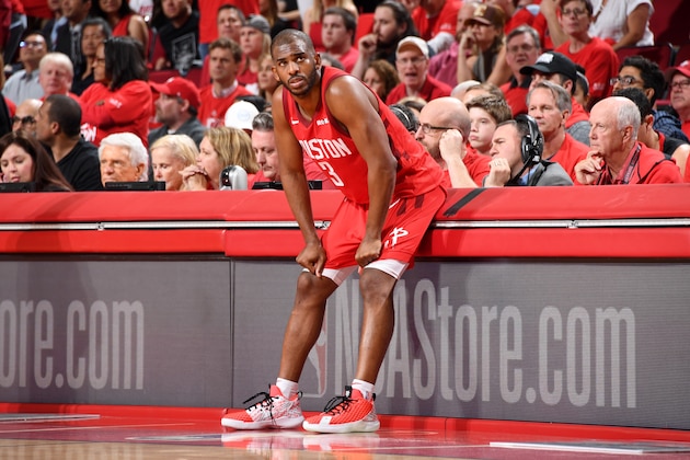 HOUSTON, TX - MAY 10: Chris Paul #3 of the Houston Rockets looks on against the Golden State Warriors during Game Six of the Western Conference Semifinals of the 2019 NBA Playoffs on May 10, 2019 at the Toyota Center in Houston, Texas. NOTE TO USER: User expressly acknowledges and agrees that, by downloading and/or using this photograph, user is consenting to the terms and conditions of the Getty Images License Agreement. Mandatory Copyright Notice: Copyright 2019 NBAE (Photo by Andrew D. Bernstein/NBAE via Getty Images)