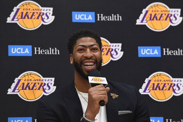 Forward Anthony Davis talks to the media as he is introduced by his new team, the Los Angeles Lakers at his press event in El Segundo, California on July 13, 2019. - The Los Angeles Lakers acquired Anthony Davis from the New Orleans Pelicans. (Photo by Mark RALSTON / AFP)        (Photo credit should read MARK RALSTON/AFP/Getty Images)