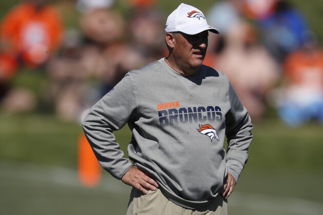 Denver Broncos head coach Vic Fangio during drills at the team's NFL football training camp Friday, July 19, 2019, in Englewood, Colo. (AP Photo/David Zalubowski)
