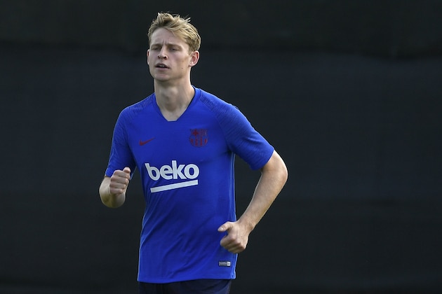 Barcelona's Dutch midfielder Frenkie de Jong runs during the football club's first pre-season training session at the Joan Gamper training ground in Sant Joan Despi near Barcelona on July 15, 2019. (Photo by LLUIS GENE / AFP)        (Photo credit should read LLUIS GENE/AFP/Getty Images)