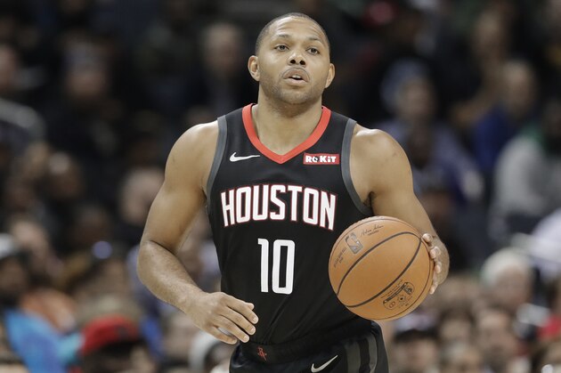 Houston Rockets' Eric Gordon (10) brings the ball up court against the Charlotte Hornets during the second half of an NBA basketball game in Charlotte, N.C., Wednesday, Feb. 27, 2019. (AP Photo/Chuck Burton)