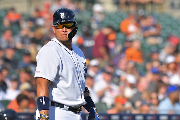 DETROIT, MI - JUNE 29:  Miguel Cabrera #24 of the Detroit Tigers looks on while waiting on-deck to bat during the game against the Washington Nationals at Comerica Park on June 29, 2019 in Detroit, Michigan. The Tigers defeated the Nationals 7-5.  (Photo by Mark Cunningham/MLB Photos via Getty Images)