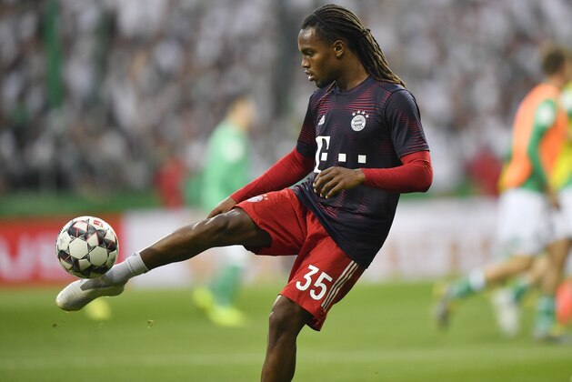 Bayern's Renato Sanches warms up prior to the German soccer cup, DFB Pokal, semifinal match between Werder Bremen and Bayern Munich at the Weser stadium in Bremen, Germany, Wednesday, April 24, 2019. (AP Photo/Martin Meissner)