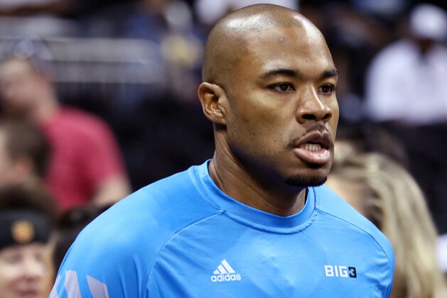 KANSAS CITY, MISSOURI - JULY 20: Corey Maggette #50 of Power takes the court to warm up prior to the BIG 3 games at Sprint Center on July 20, 2019 in Kansas City, Missouri. (Jamie Squire/BIG3/Getty Images)