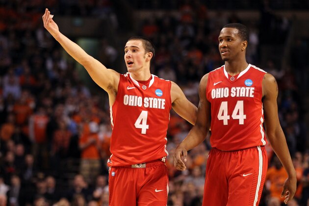 BOSTON, MA - MARCH 24:  Aaron Craft #4 and William Buford #44 of the Ohio State Buckeyes walk up court against the Syracuse Orange during the 2012 NCAA Men's Basketball East Regional Final at TD Garden on March 24, 2012 in Boston, Massachusetts.  (Photo by Jim Rogash/Getty Images)