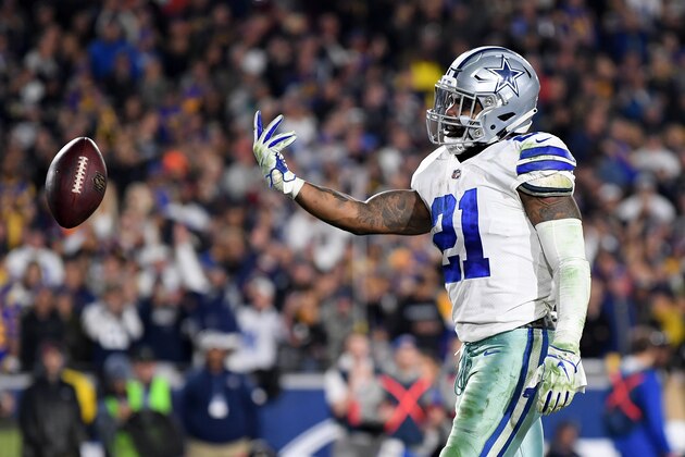 LOS ANGELES, CA - JANUARY 12:  Ezekiel Elliott #21 of the Dallas Cowboys celebrates after scoring a 1 yard touchdown in the third quarter against the Los Angeles Rams in the NFC Divisional Playoff game at Los Angeles Memorial Coliseum on January 12, 2019 in Los Angeles, California.  (Photo by Harry How/Getty Images)