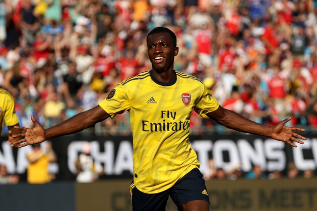 CHARLOTTE, NORTH CAROLINA - JULY 20: Eddie Nketiah #30 of Arsenal celebrates a goal against Fiorentina in the first half during their 2019 International Champions Cup match at Bank of America Stadium on July 20, 2019 in Charlotte, North Carolina. (Photo by Streeter Lecka/International Champions Cup/Getty Images)