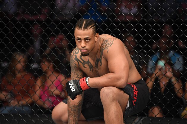 SAN ANTONIO, TEXAS - JULY 20:  Greg Hardy stands in his corner prior to facing Juan Adams in their heavyweight bout during the UFC Fight Night event at AT&T Center on July 20, 2019 in San Antonio, Texas. (Photo by Josh Hedges/Zuffa LLC/Zuffa LLC via Getty Images)