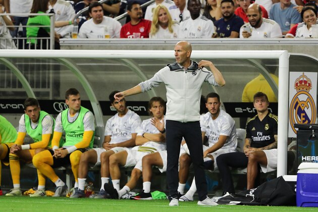HOUSTON, TX - JULY 20: Zinedine Zidane the head coach / manager of Real Madrid during the 2019 International Champions Cup match between FC Bayern Munich and  Real Madrid  at NRG Stadium on July 20, 2019 in Houston, Texas. (Photo by Matthew Ashton - AMA/Getty Images)