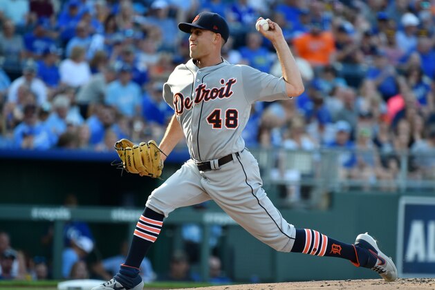 KANSAS CITY, MISSOURI - JULY 13:  Starting pitcher Matthew Boyd #48 of the Detroit Tigers pitches in the first inning against the Kansas City Royals at Kauffman Stadium on July 13, 2019 in Kansas City, Missouri. (Photo by Ed Zurga/Getty Images)