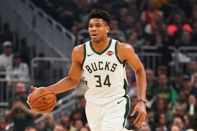 Milwaukee Bucks' Giannis Antetokounmpo dribbles during the first half of Game 5 of the NBA Eastern Conference basketball playoff finals against the Toronto Raptors Thursday, May 23, 2019, in Milwaukee. (AP Photo/Morry Gash)
