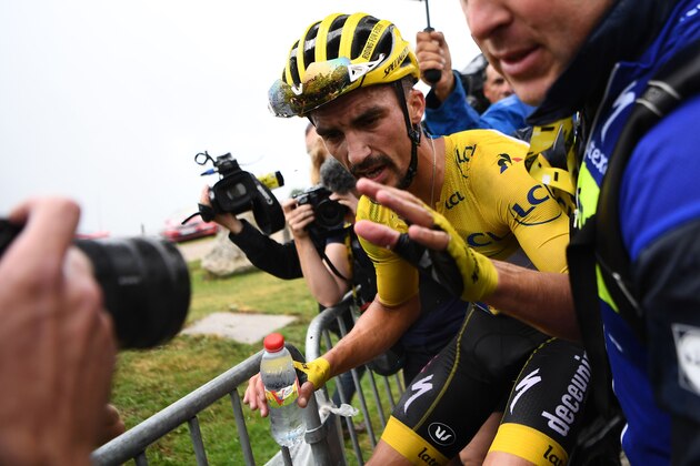 France's Julian Alaphilippe, wearing the overall leader's yellow jersey reacts after crossing the finish line of the fifteen stage of the 106th edition of the Tour de France cycling race between Limoux and Foix Prat d'Albis, in Foix Prat d'Albis on July 21, 2019. (Photo by Anne-Christine POUJOULAT / AFP)        (Photo credit should read ANNE-CHRISTINE POUJOULAT/AFP/Getty Images)