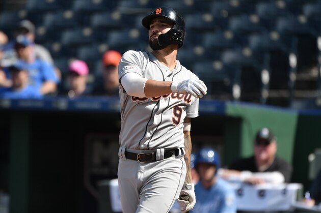 KANSAS CITY, MO - JULY 14: Nicholas Castellanos #9 of the Detroit Tigers hits against the Kansas City Royals at Kauffman Stadium on July 14, 2019 in Kansas City, Missouri. (Photo by Ed Zurga/Getty Images)
