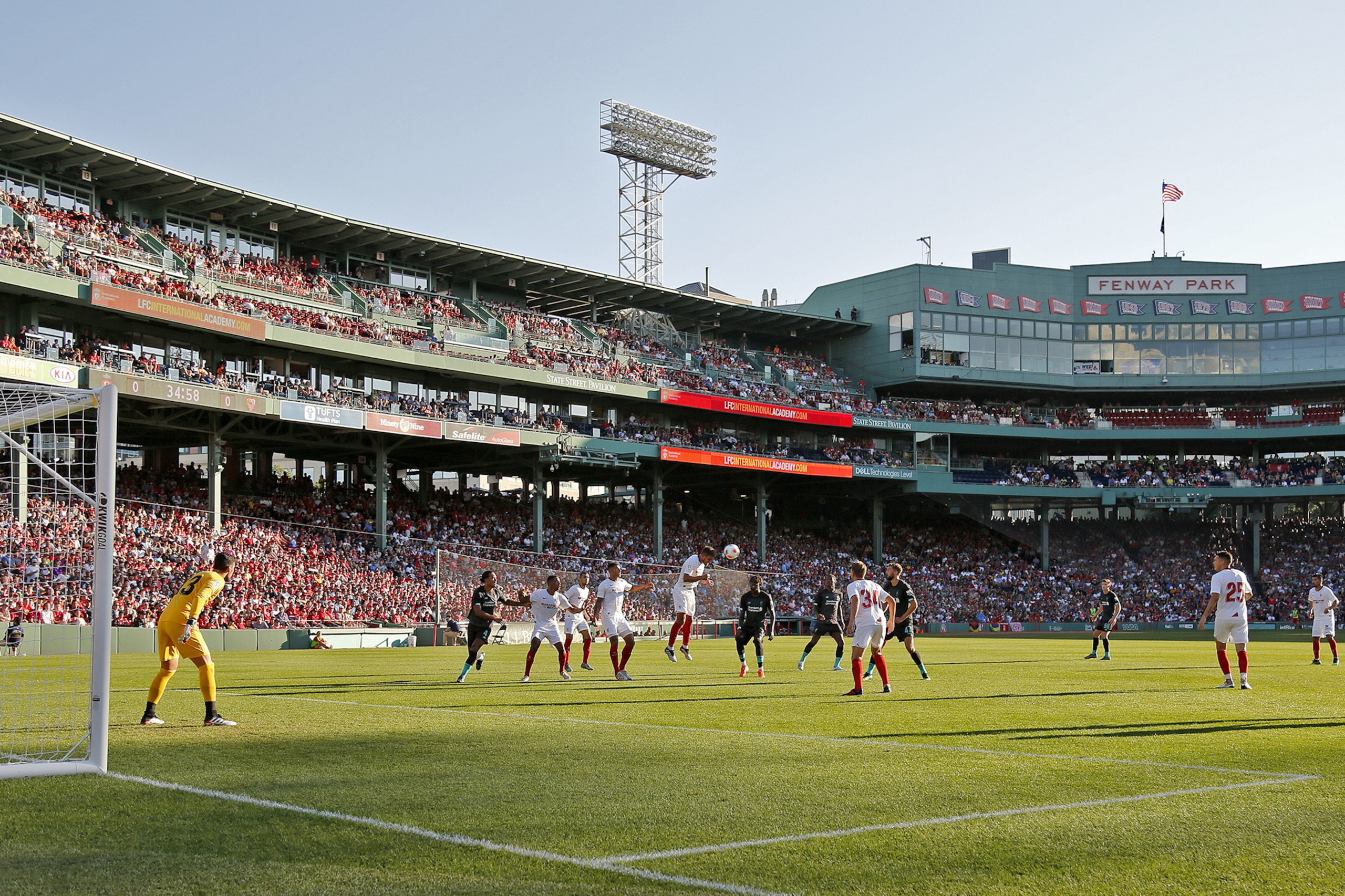 Sevilla goalkeeper Rico Gonzalez Sergio keeps on eye on the ball in front of the goal during the first half of a friendly soccer match against Liverpool at Fenway Park, Sunday, July 21, 2019, in Boston. (AP Photo/Mary Schwalm) Sevilla goalkeeper Rico Gonzalez Sergio keeps on eye on the ball in front of the goal during the first half of a friendly soccer match against Liverpool at Fenway Park, Sunday, July 21, 2019, in Boston. (AP Photo/Mary Schwalm)