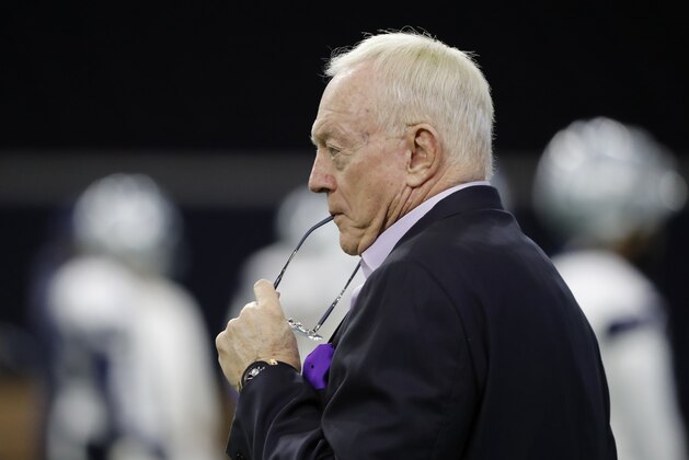 Dallas Cowboys owner Jerry Jones watches the team work out participates at their NFL football training facility in Frisco, Texas, Thursday, June 13, 2019. (AP Photo/Tony Gutierrez