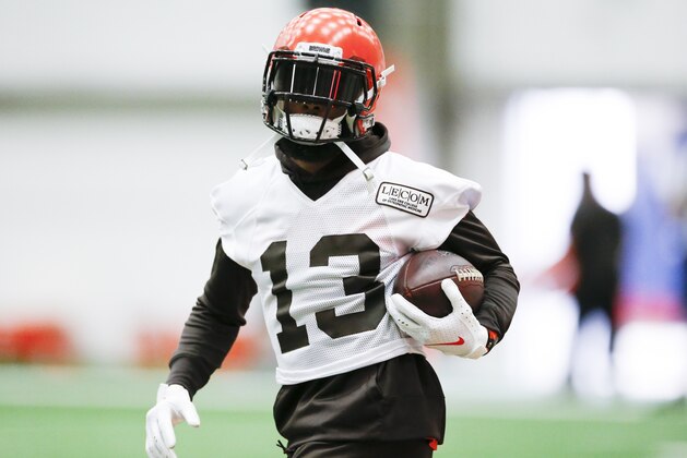 Cleveland Browns wide receiver Odell Beckham Jr. runs a drill at the team's NFL football training facility in Berea, Ohio, Thursday, June 6, 2019. (AP Photo/Ron Schwane)