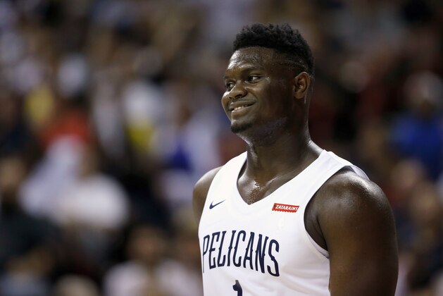 New Orleans Pelicans' Zion Williamson (1) smiles during the team's NBA summer league basketball game against the New York Knicks on Friday, July 5, 2019, in Las Vegas. (AP Photo/Steve Marcus)
