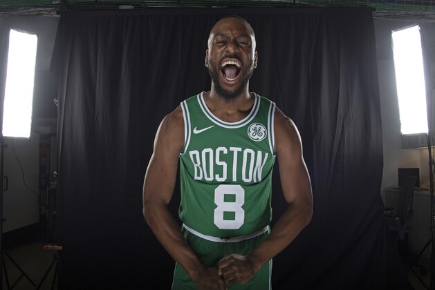 BOSTON, MA - JULY 17: Kemba Walker #8 of the Boston Celtics poses for a portrait after being introduced during a press conference on July 17, 2019 at the Auerbach Center in Boston, Massachusetts. NOTE TO USER: User expressly acknowledges and agrees that, by downloading and/or using this photograph, user is consenting to the terms and conditions of the Getty Images License Agreement. Mandatory Copyright Notice: Copyright 2019 NBAE (Photo by Brian Babineau/NBAE via Getty Images)