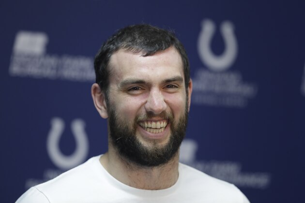 Indianapolis Colts quarterback Andrew Luck speaks during a news conference at the NFL football  team's facility, Monday, April 15, 2019, in Indianapolis. (AP Photo/Darron Cummings)