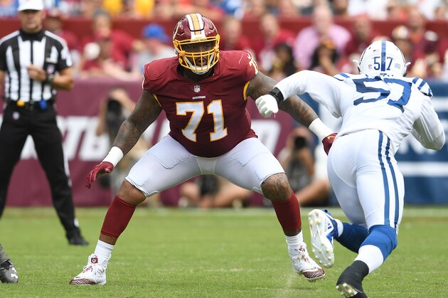 LANDOVER, MD - SEPTEMBER 16:  Trent Williams #71 of the Washington Redskins blocks against the Indianapolis Colts at FedExField on September 16, 2018 in Landover, Maryland.  (Photo by G Fiume/Getty Images)