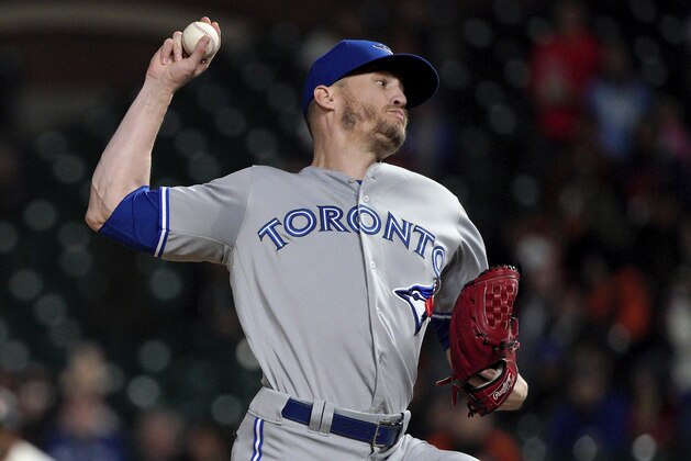 Toronto Blue Jays pitcher Ken Giles throws against the San Francisco Giants during the ninth inning of a baseball game in San Francisco, Tuesday, May 14, 2019. The Blue Jays won 7-3. (AP Photo/Tony Avelar)
