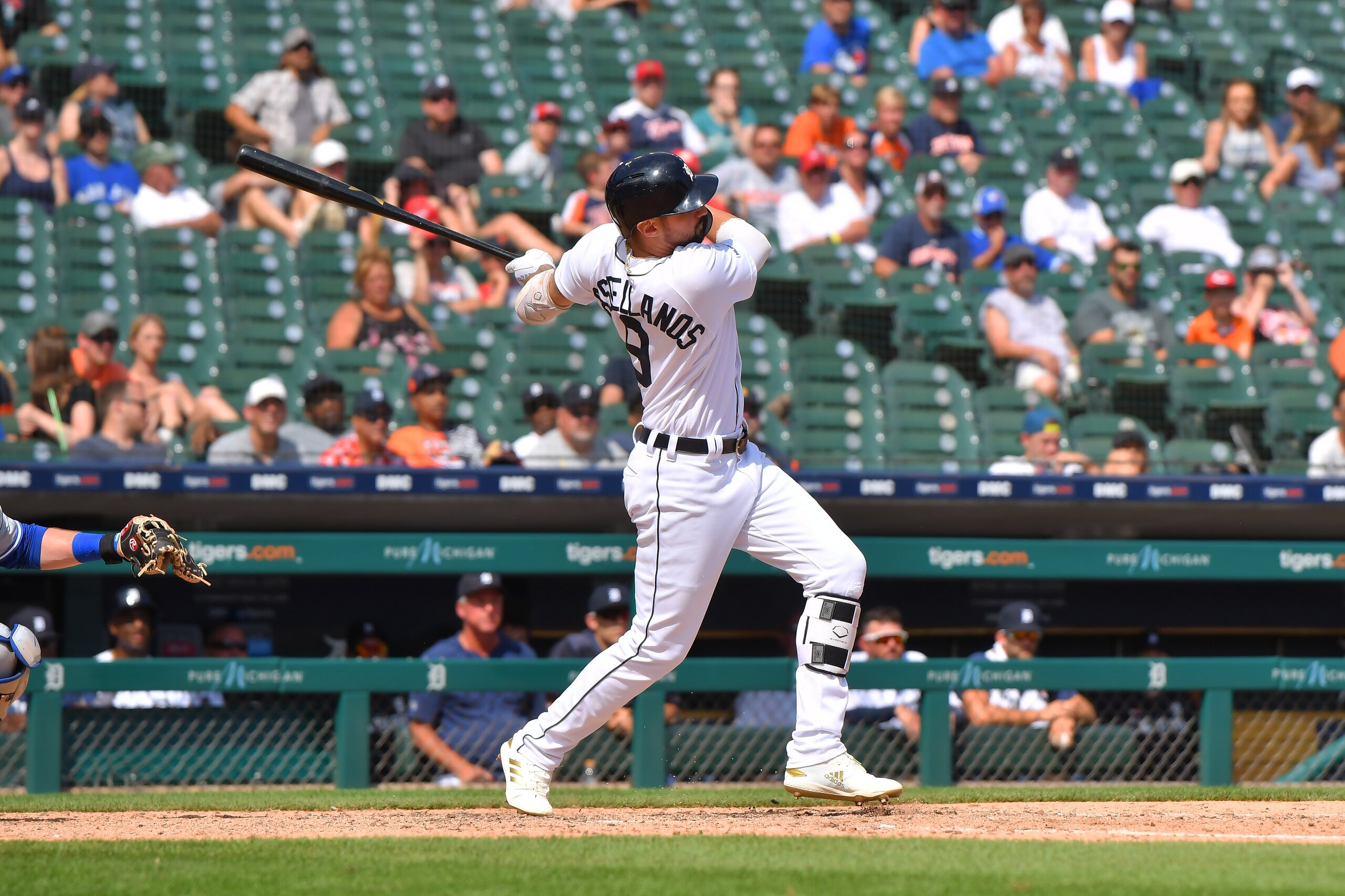 DETROIT, MI - JULY 21:  Nicholas Castellanos #9 of the Detroit Tigers hits a walk-off game-winning home run in the bottom of the tenth inning of the game against the Toronto Blue Jays at Comerica Park on July 21, 2019 in Detroit, Michigan. The Tigers defeated the Blue Jays 4-3 in ten innings.  (Photo by Mark Cunningham/MLB Photos via Getty Images)