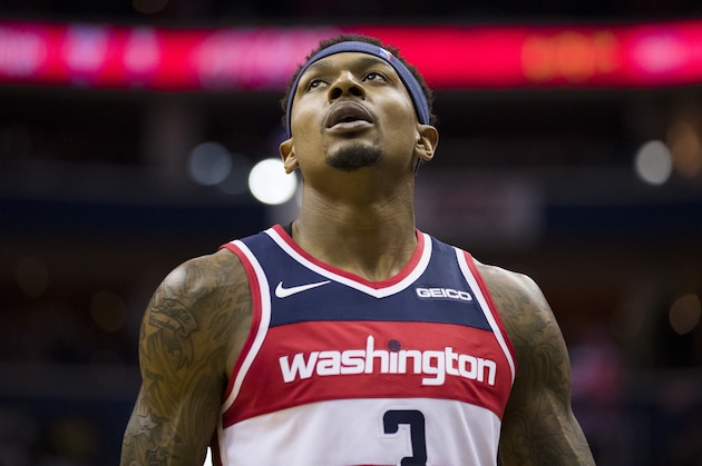 Washington Wizards guard Bradley Beal (3) walks on the court during the second half of an NBA basketball game against the San Antonio Spurs Friday, April 5, 2019, in Washington. The Spurs won 129-112. (AP Photo/Alex Brandon)