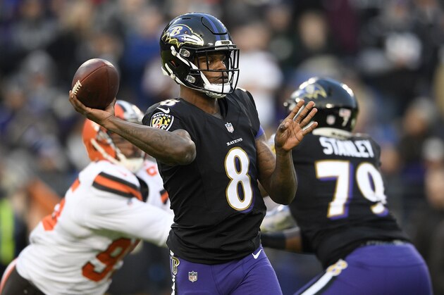 Baltimore Ravens quarterback Lamar Jackson throws a pass in the first half of an NFL football game against the Cleveland Browns, Sunday, Dec. 30, 2018, in Baltimore. (AP Photo/Nick Wass)