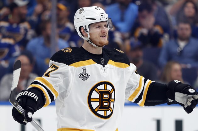 FILE - In this June 1, 2019, file photo, Boston Bruins defenseman Torey Krug celebrates a teammate's goal against the St. Louis Blues during the first period of Game 3 of the NHL hockey Stanley Cup Finals, in St. Louis. Patrice Bergeron wins the faceoff and Jake DeBrusk retrieves the puck for Torey Krug, who waits just long enough for Bergeron to set up and shoots it at his stick for a textbook deflection goal. This is the Boston Bruins’ masterful power play at its nearly unstoppable best. (AP Photo/Jeff Roberson, File)