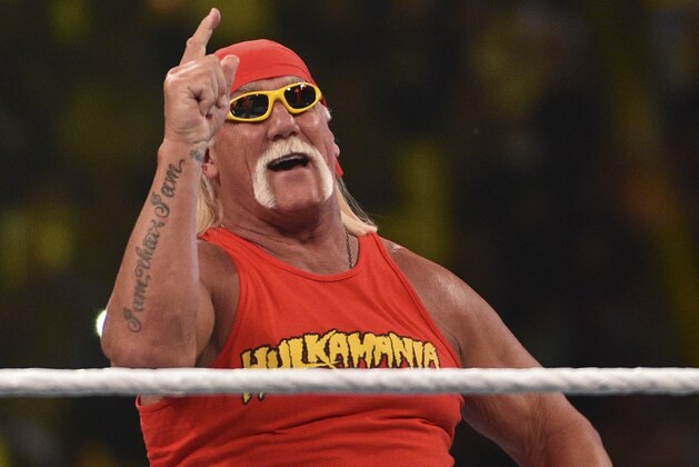 Wrestling legend Hulk Hogan greets the crowd during the World Wrestling Entertainment (WWE) Crown Jewel pay-per-view at the King Saud University Stadium in Riyadh on November 2, 2018. (Photo by Fayez Nureldine / AFP)        (Photo credit should read FAYEZ NURELDINE/AFP/Getty Images)