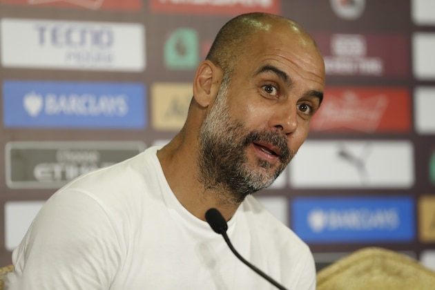 SHANGHAI, CHINA - JULY 20: Pep Guardiola , manager of Manchester City speaks at a press conference during the 2019 Premier League Asia Trophy Final at Shanghai Hongkou Stadium on July 20, 2019 in Shanghai, China.(Photo by Fred Lee/Getty Images for Premier League)
