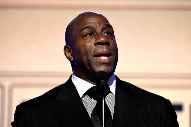 SANTA MONICA, CALIFORNIA - JUNE 24: Magic Johnson accepts a Lifetime Achievement Awards onstage during the 2019 NBA Awards presented by Kia on TNT at Barker Hangar on June 24, 2019 in Santa Monica, California. (Photo by Michael Kovac/Getty Images for Turner Sports)