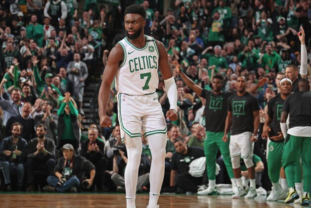 BOSTON, MA - MAY 3: Jaylen Brown #7 of the Boston Celtics reacts during a game against the Milwaukee Bucks during Game Three of the Eastern Conference Semi Finals of the 2019 NBA Playoffs on May 3, 2019 at the TD Garden in Boston, Massachusetts.  NOTE TO USER: User expressly acknowledges and agrees that, by downloading and or using this photograph, User is consenting to the terms and conditions of the Getty Images License Agreement. Mandatory Copyright Notice: Copyright 2019 NBAE  (Photo by Nathaniel S. Butler/NBAE via Getty Images)