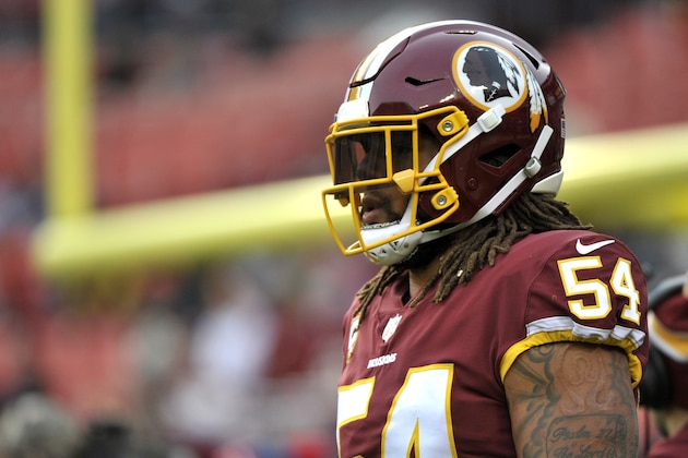 Washington Redskins inside linebacker Mason Foster warms up prior to an NFL football game against the Philadelphia Eagles, Sunday, Dec. 30, 2018, in Landover, Md. (AP Photo/Mark Tenally)