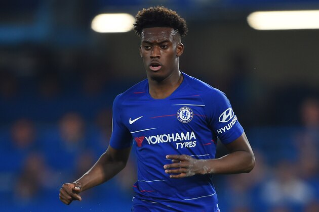 LONDON, ENGLAND - APRIL 22: Callum Hudson-Odoi of Chelsea runs with the ball during the Premier League match between Chelsea FC and Burnley FC at Stamford Bridge on April 22, 2019 in London, United Kingdom. (Photo by Harriet Lander/Copa/Getty Images)