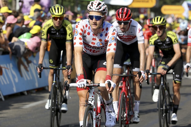 NIMES, FRANCE - JULY 23: Dot jersey of best climber Tim Wellens of Belgium and Lotto Soudal crosses the finish line during stage 16 of the 106th Tour de France 2019, a stage from Nimes to Nimes (177km) on July 23, 2019 in Nimes, France. (Photo by Jean Catuffe/Getty Images)