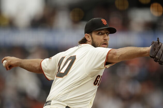 San Francisco Giants pitcher Madison Bumgarner works against the New York Mets during the first inning of a baseball game Thursday, July 18, 2019, in San Francisco. (AP Photo/Ben Margot)