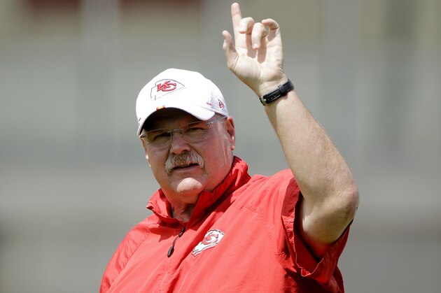 Kansas City Chiefs coach Andy Reid talks to players during NFL football rookie minicamp Monday, May 6, 2019, in Kansas City, Mo. (AP Photo/Charlie Riedel)