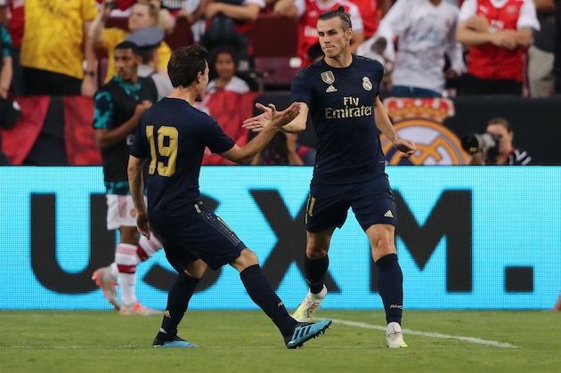 LANDOVER, MD - JULY 23: Gareth Bale of Real Madrid celebrates after scoring a goal to make it 1-2 during the International Champions Cup fixture between Real Madrid and Arsenal at FedExField on July 23, 2019 in Landover, Maryland. (Photo by Matthew Ashton - AMA/Getty Images)