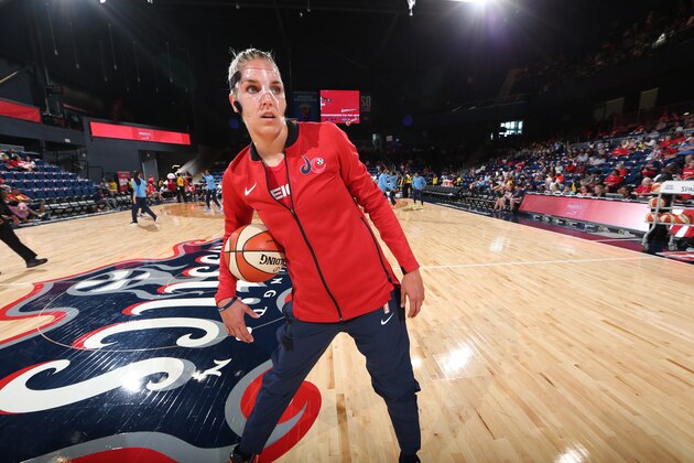 WASHINGTON, DC - JULY 21: Elena Delle Donne #11 of the Washington Mystics stretches prior to a game against the Atlanta Dream on July 21, 2019 at the St. Elizabeths East Entertainment and Sports Arena in Washington, DC. NOTE TO USER: User expressly acknowledges and agrees that, by downloading and or using this photograph, User is consenting to the terms and conditions of the Getty Images License Agreement. Mandatory Copyright Notice: Copyright 2019 NBAE (Photo by Ned Dishman/NBAE via Getty Images)