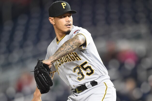 WASHINGTON, DC - APRIL 12:  Keone Kela #35 of the Pittsburgh Pirates pitches during a baseball game against the Washington Nationals at Nationals Park on April 12, 2019 in Washington, DC.  (Photo by Mitchell Layton/Getty Images)