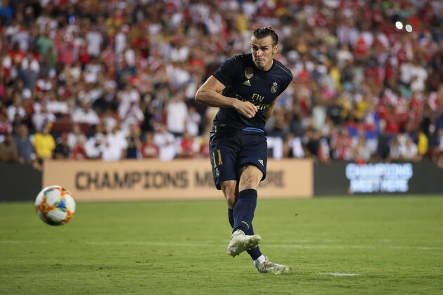 LANDOVER, MD - JULY 23: Gareth Bale of Real Madrid misses his penalty during the International Champions Cup fixture between Real Madrid and Arsenal at FedExField on July 23, 2019 in Landover, Maryland. (Photo by Matthew Ashton - AMA/Getty Images)