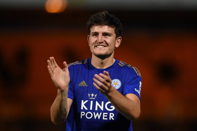 CAMBRIDGE, ENGLAND - JULY 23: Harry Maguire of Leicester City applauds fans after the Pre-Season Friendly match between Cambridge United and Leicester City at Abbey Stadium on July 23, 2019 in Cambridge, England. (Photo by Harriet Lander/Getty Images)