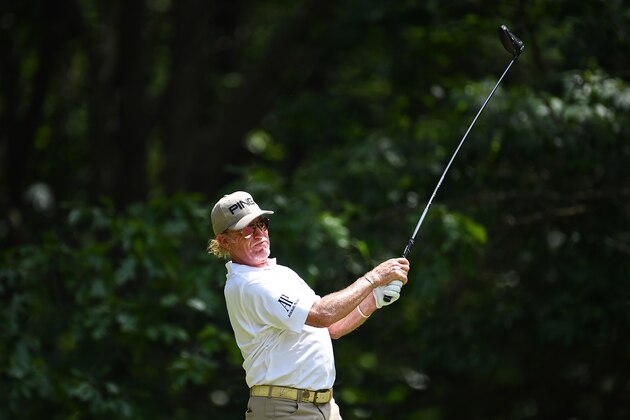 SOUTH BEND, INDIANA - JUNE 30: Miguel Angel Jimenez of Spain hits his tee shot on the second hole during the final round of the U.S. Senior Open Championship at the Warren Golf Course on June 30, 2019 in South Bend, Indiana. (Photo by Stacy Revere/Getty Images)