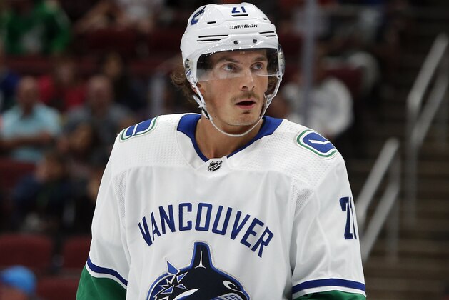 Vancouver Canucks left wing Loui Eriksson (21) in the third period during an NHL hockey game against the Arizona Coyotes, Thursday, Oct. 25, 2018, in Glendale, Ariz. Arizona defeated Vancouver 4-1. (AP Photo/Rick Scuteri)