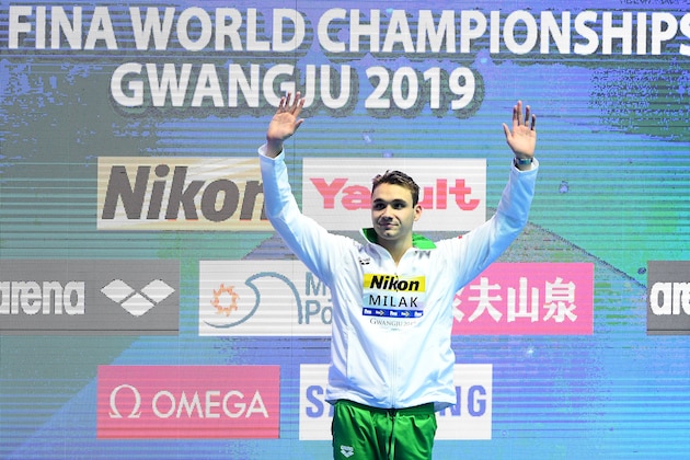 GWANGJU, SOUTH KOREA - JULY 24: Gold medalist Kristof Milak of Hungary poses during the medal ceremony for the Men's 200m Butterfly Final on day four of the Gwangju 2019 FINA World Championships at Nambu International Aquatics Centre on July 24, 2019 in Gwangju, South Korea. (Photo by Quinn Rooney/Getty Images) GWANGJU, SOUTH KOREA - JULY 24: Gold medalist Kristof Milak of Hungary poses during the medal ceremony for the Men's 200m Butterfly Final on day four of the Gwangju 2019 FINA World Championships at Nambu International Aquatics Centre on July 24, 2019 in Gwangju, South Korea. (Photo by Quinn Rooney/Getty Images)
