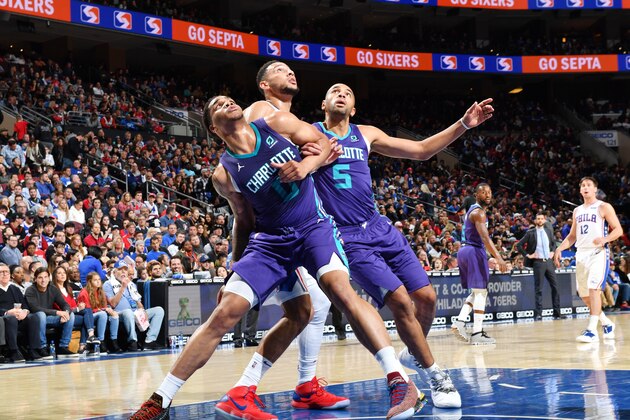 PHILADELPHIA, PA - OCTOBER 27:  Miles Bridges #0 and Nicolas Batum #5 of the Charlotte Hornets box out Ben Simmons #25 of the Philadelphia 76ers on October 27, 2018 in Philadelphia, Pennsylvania NOTE TO USER: User expressly acknowledges and agrees that, by downloading and/or using this Photograph, user is consenting to the terms and conditions of the Getty Images License Agreement. Mandatory Copyright Notice: Copyright 2018 NBAE (Photo by Jesse D. Garrabrant/NBAE via Getty Images)